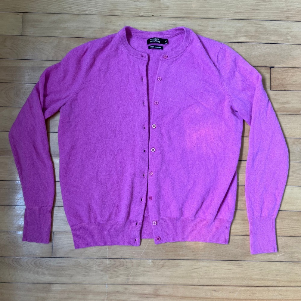 Galeries Lafayette 100% Cashmere Cardigan Fuchsia Pink Crew Neck Sweater Size 01